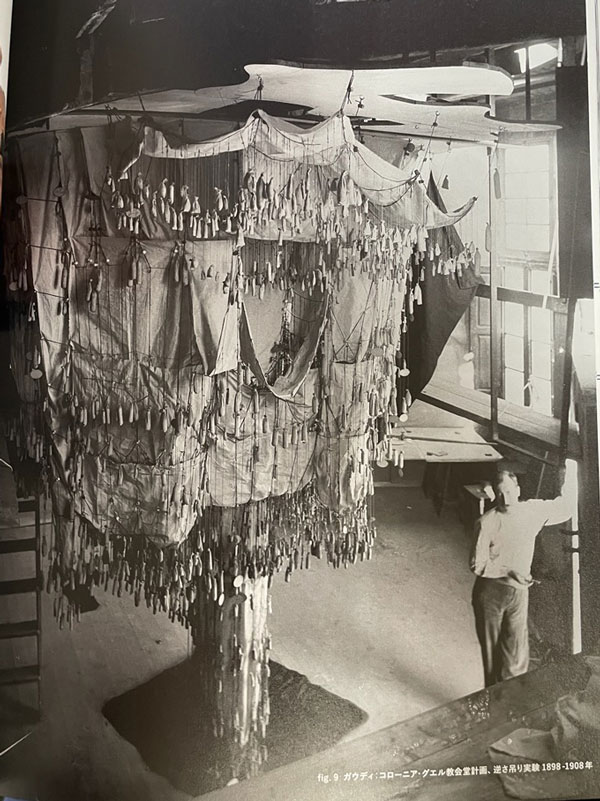 ガウディがコローニア・グエル教会堂計画で逆さ吊り実験をしている写真